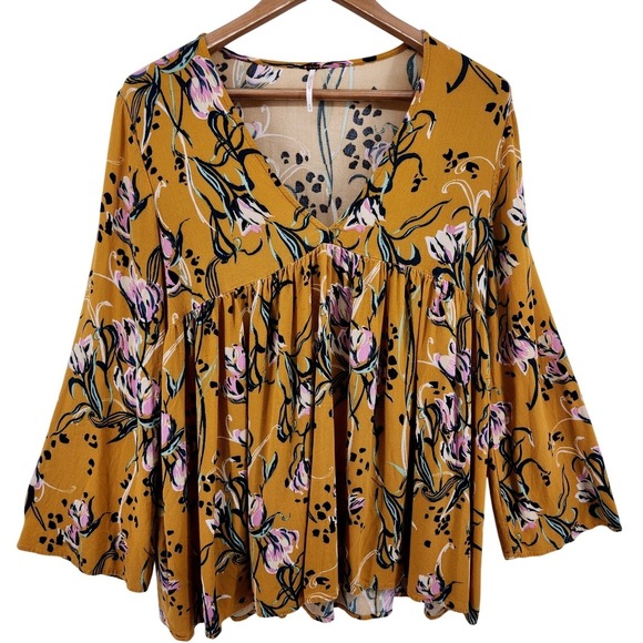 Free People Tops - Free People Bella Floral Babydoll Blouse Medium Yellow Boho Bell Sleeve Festival